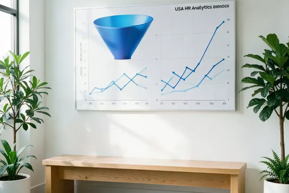 Wall display showing hiring funnel charts above a light oak bench in a bright meeting corner