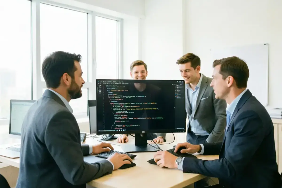Backend engineers reviewing code together at a screen during a work sprint