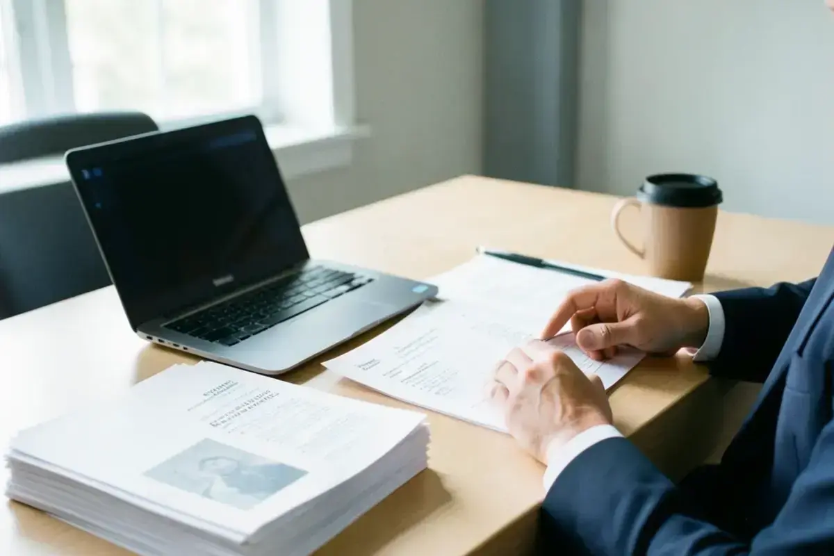Screening specialist checking candidate documents at a tidy desk