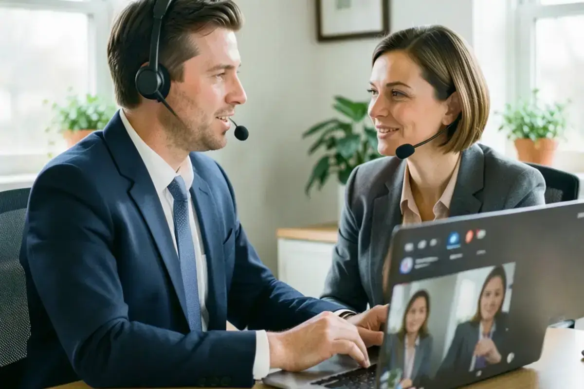 Recruiter taking a screening call with a candidate in a bright office