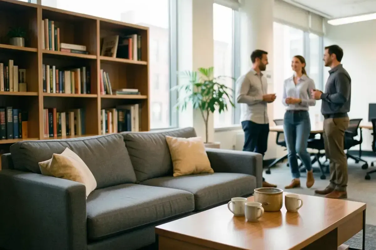 Colleagues talking in a bright office lounge with plants and light wooden furniture