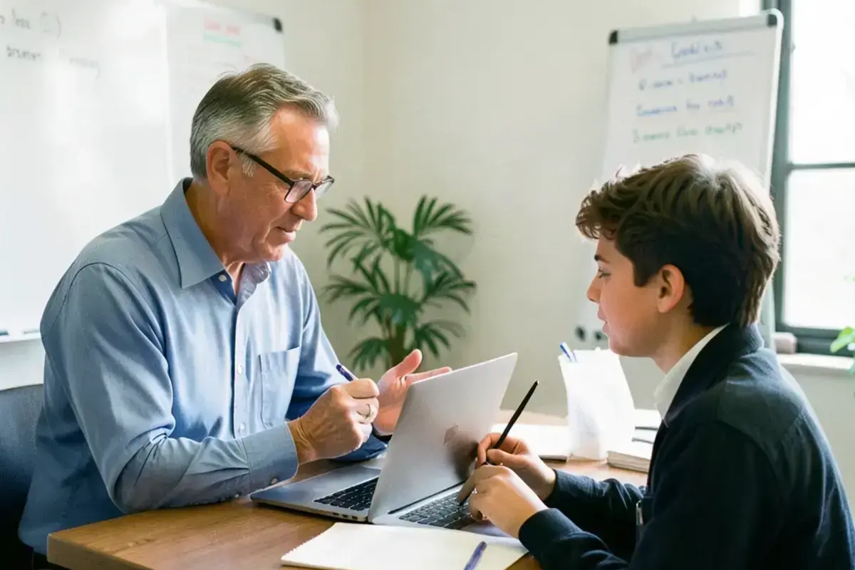 A senior recruiter mentoring a colleague during a training session at a desk