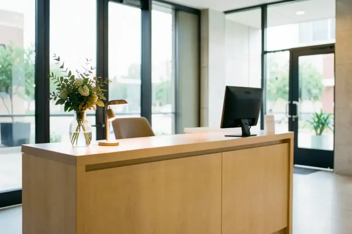Reception desk of a bright American office with a plant and daylight through the windows