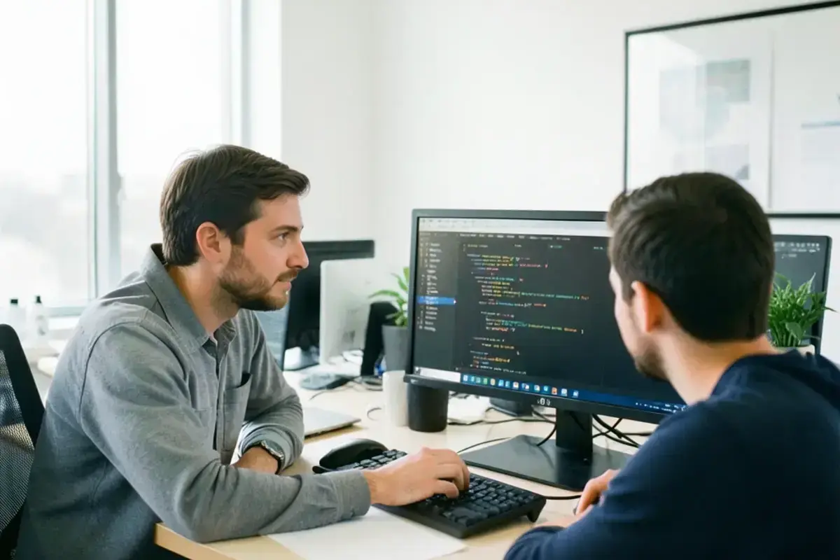 Two engineers pairing over code at a shared desk in a bright US office