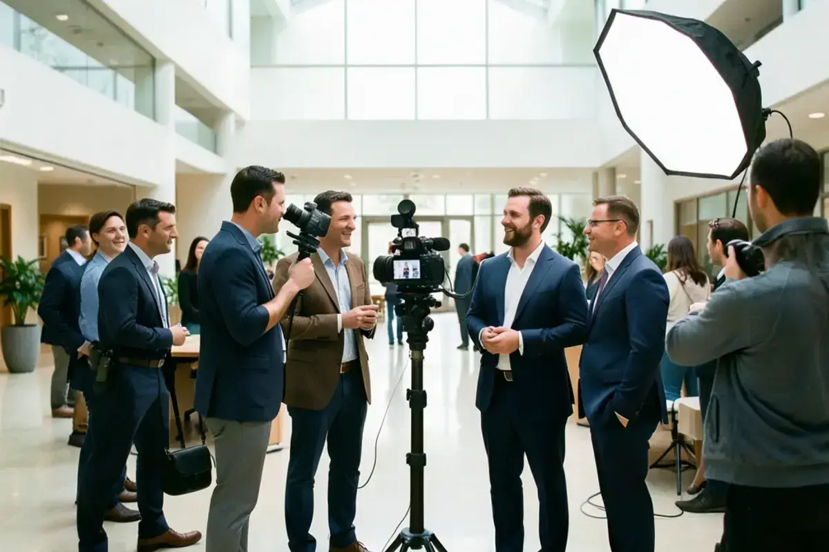 Crew filming two employees in a bright glazed office atrium