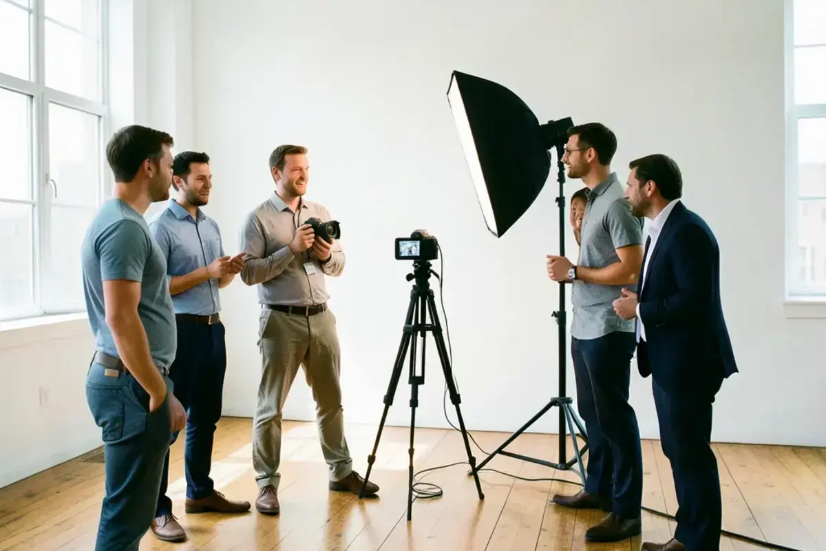 Creative team filming an employer branding video in a daylight studio