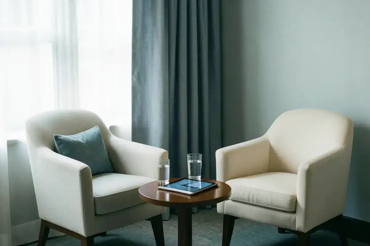 Quiet meeting lounge prepared for an executive candidate conversation