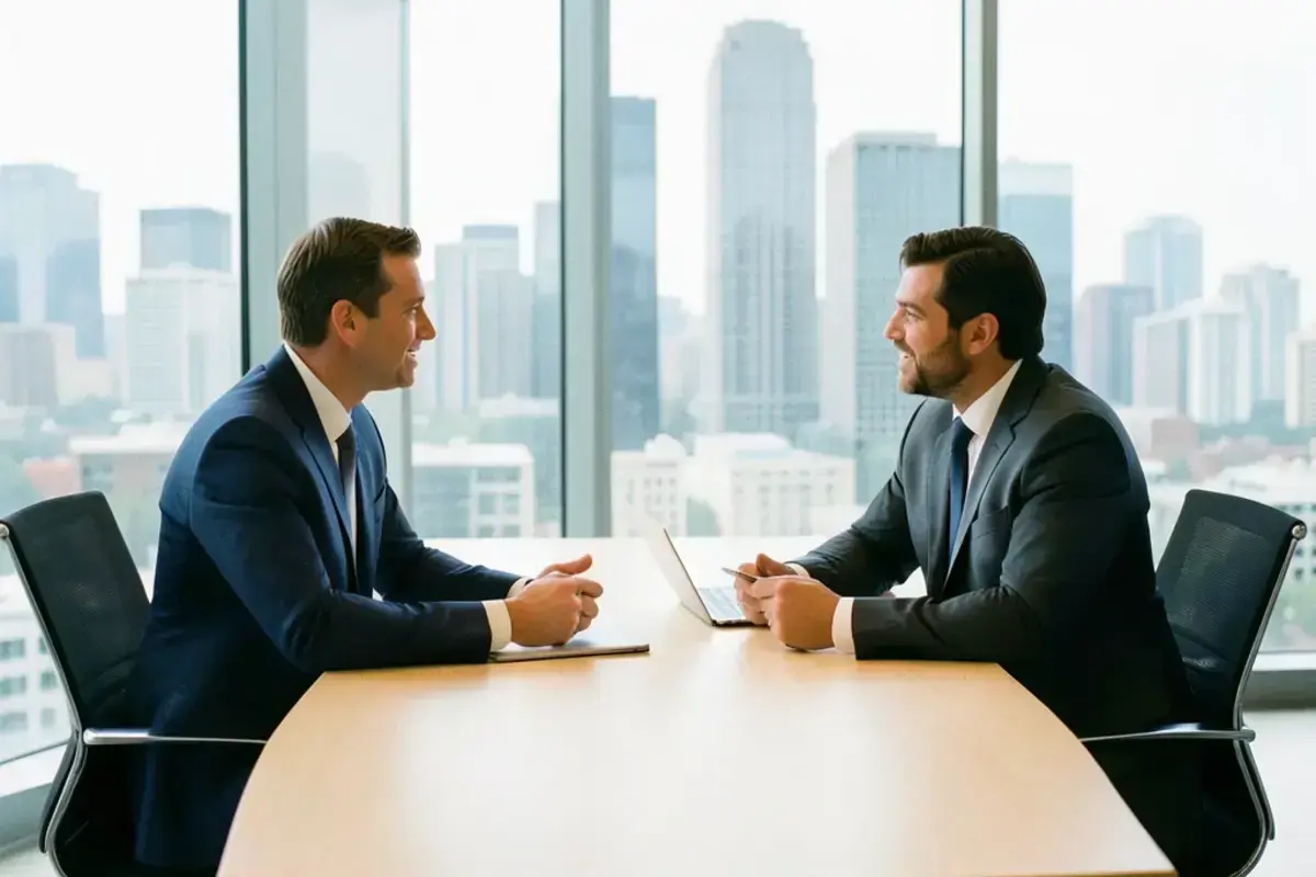 Executive candidate meeting hiring leaders in a bright boardroom