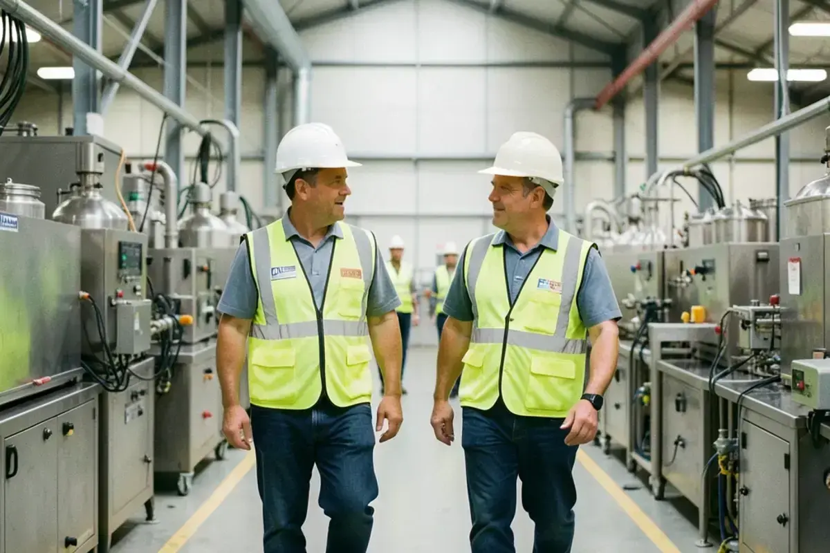 Plant supervisors walking a production line discussing shift handover