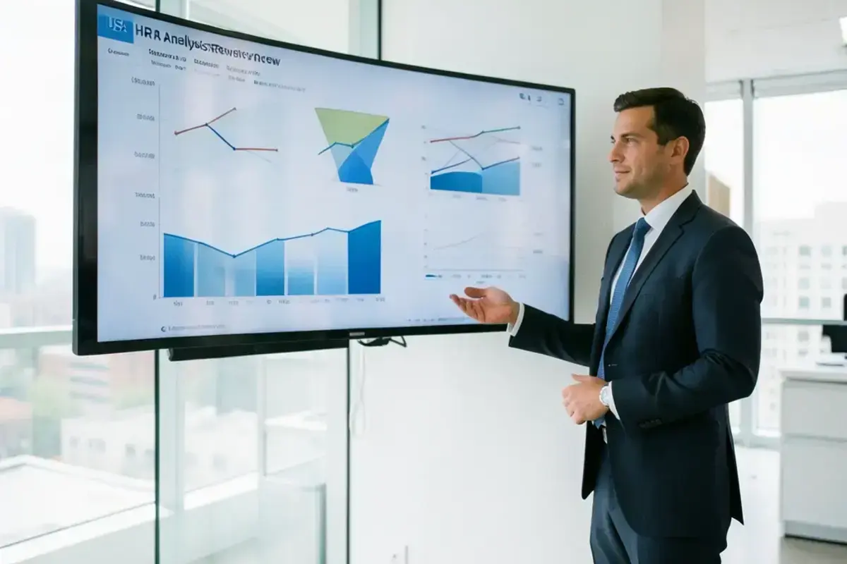 HR analyst reviewing hiring funnel charts on a large screen