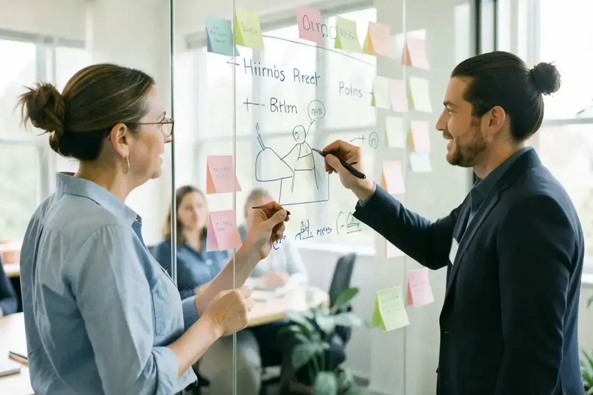 Hiring manager and recruiter working through a role brief at a table with printed documents