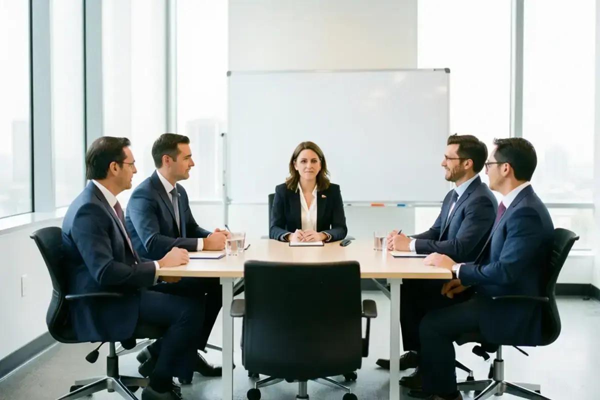 Interview panel sitting with a candidate in a bright US office meeting room
