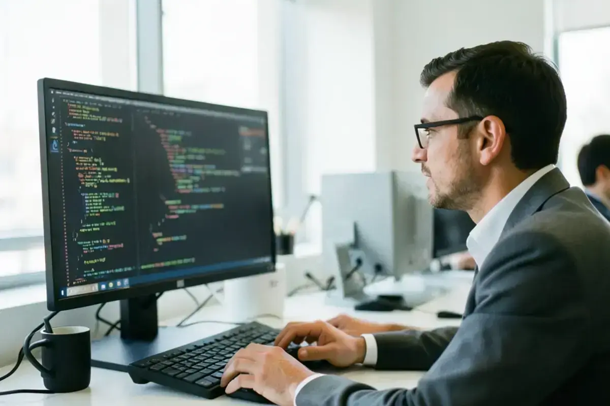 Software engineer photographed at a desk with code on the monitor