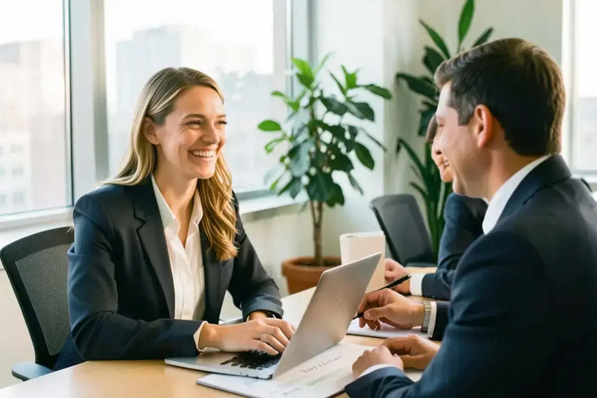 A new hire and a colleague going through a welcome folder together at a bright desk in the first week