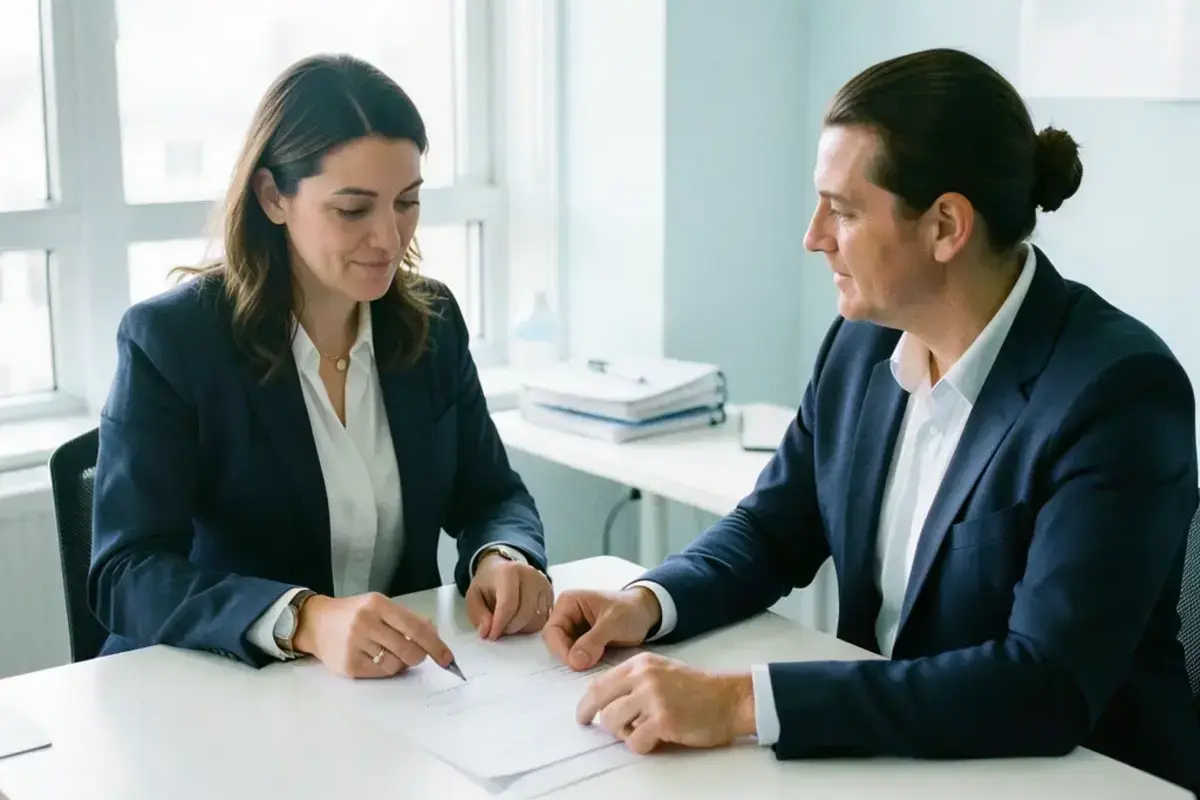 Career coach reviewing a CV with a departing employee at a table