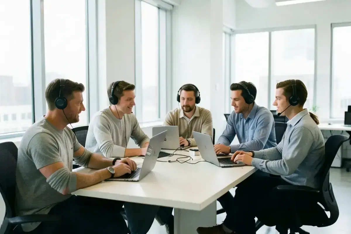 Outsourced recruiting team working together in a modern US office
