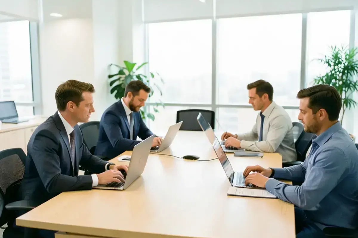 Bright open-plan US office where a recruiting team reviews candidate files at a long wooden table
