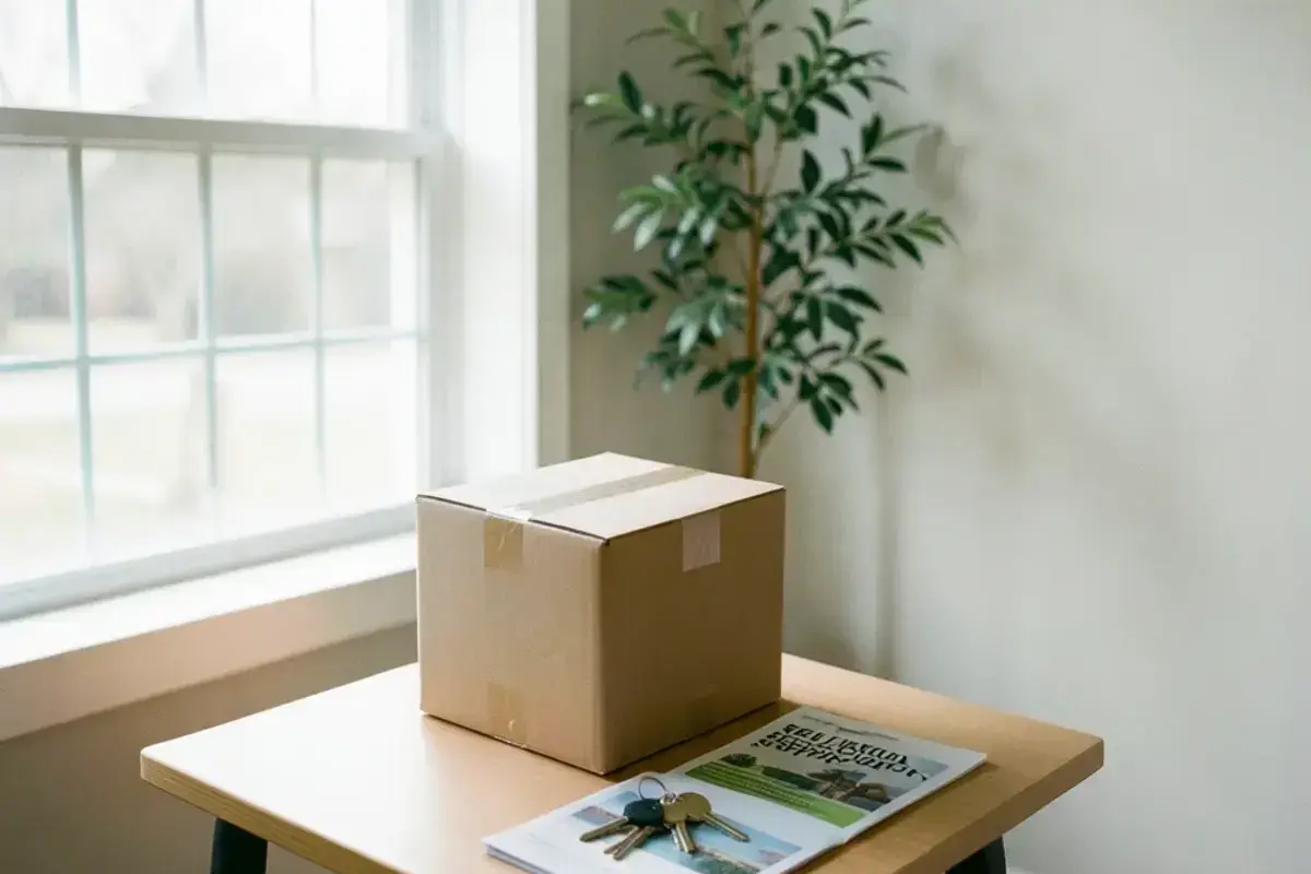 Entry table with a moving box, house keys and a travel folder by the window