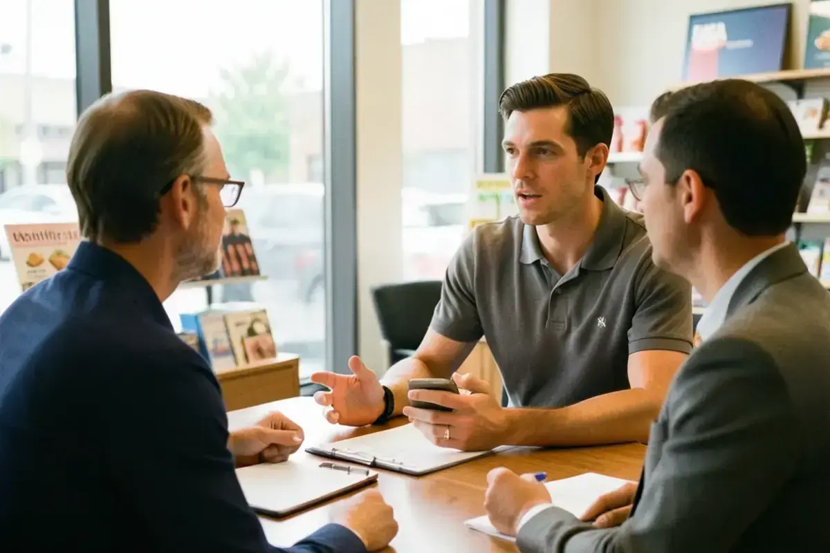 Hiring manager and recruiter talking in the back office of a bright retail store