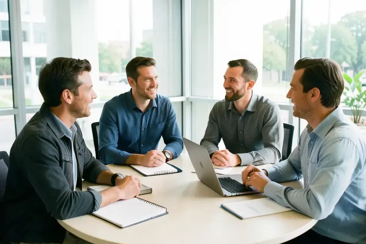Recruiting team in a daylight meeting room reviewing candidate notes around a round table