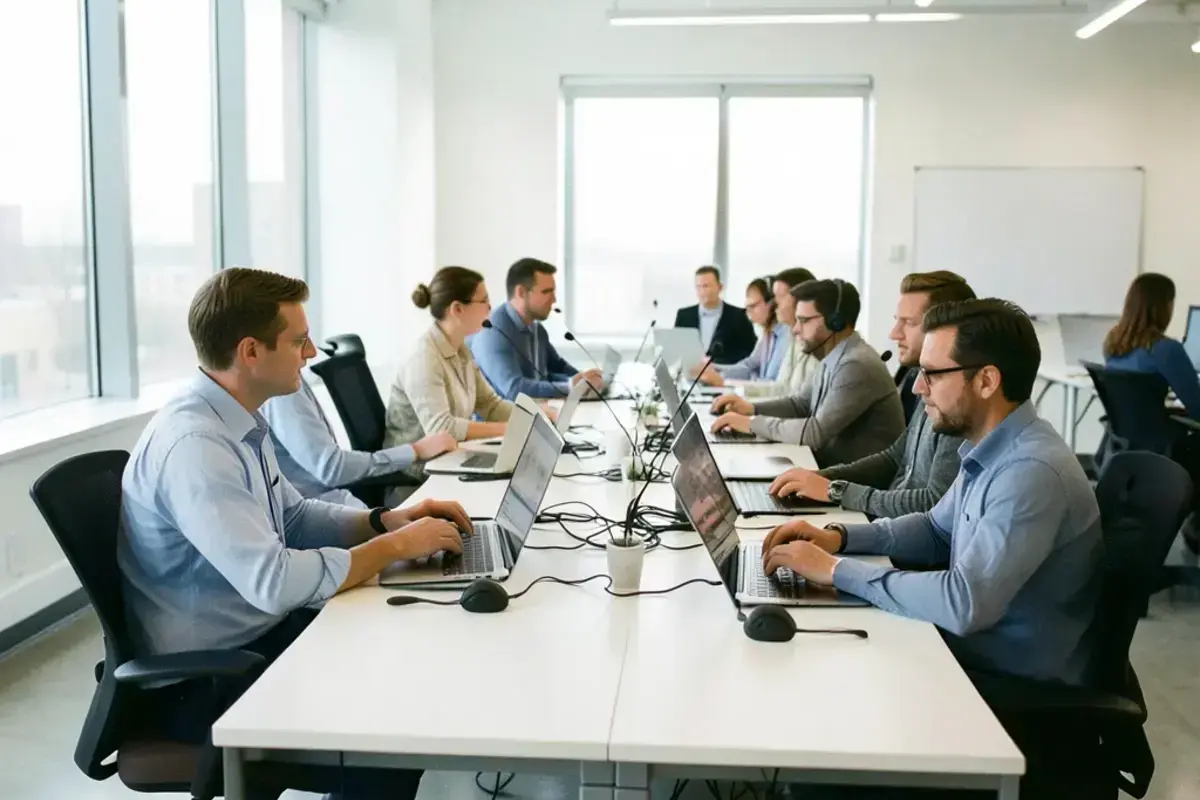Contract staffing team working side by side on a long shared desk in an open office