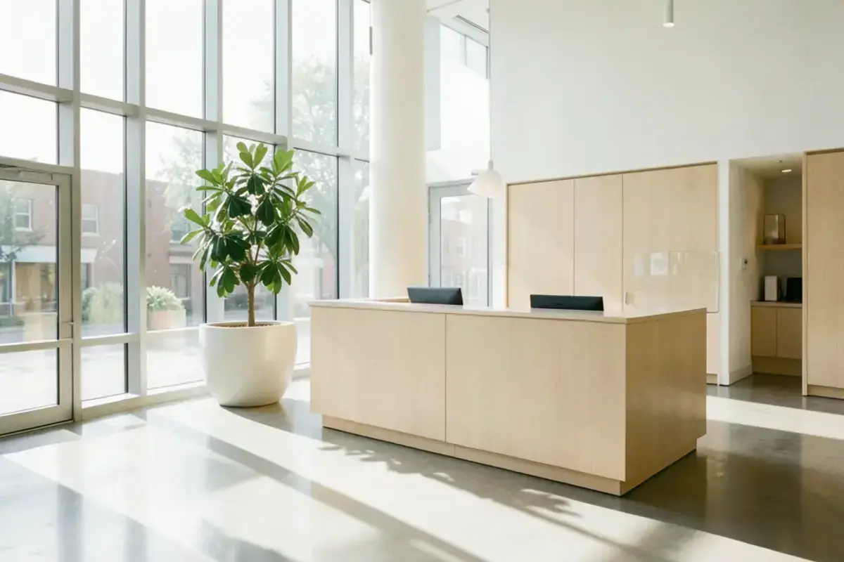 Sunlit glass lobby of an American office building with people walking through